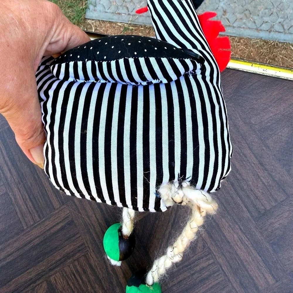 Handmade Folk Art Plush Chicken Figurine Striped Polka Dot Farmhouse Decor